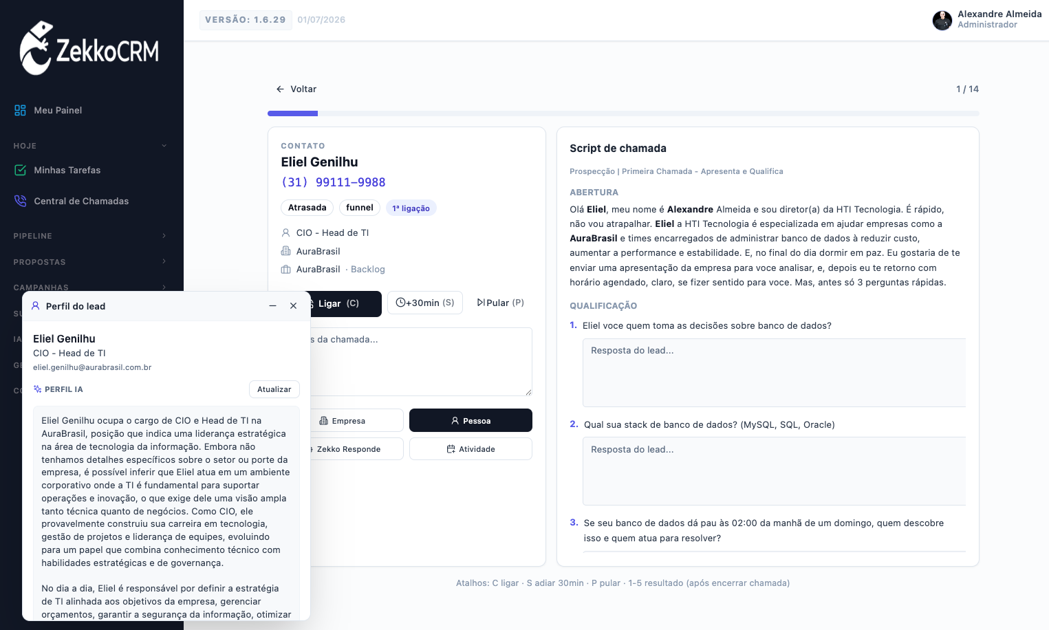 Painel Perfil IA do ZekkoCRM mostrando análise do lead antes da ligação